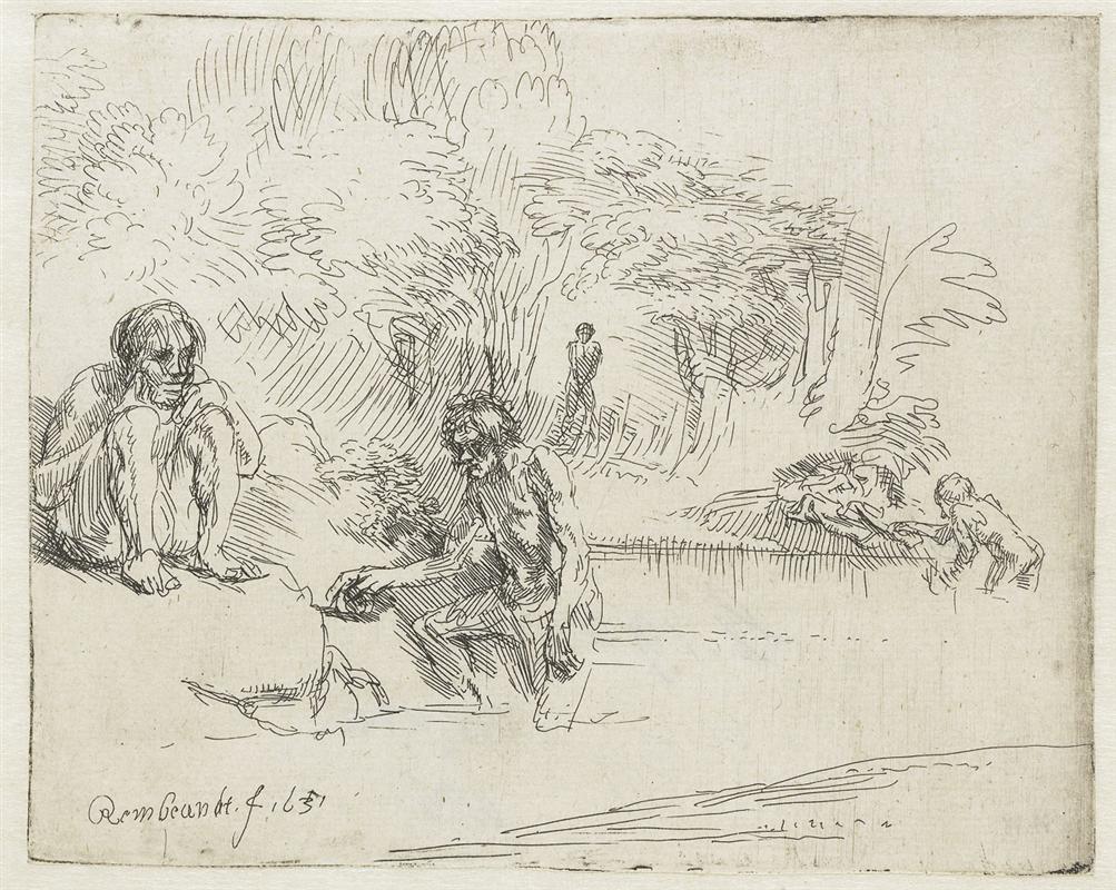 Etched scene of several men bathing beside a shallow stream under leafy trees; one crouches on the bank, another kneels to touch the water, with more figures resting and wading in the background, drawn in spare, lively lines.