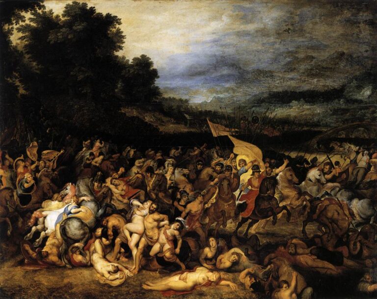 Wide battlefield by Peter Paul Rubens showing men and Amazon warriors on plunging horses locked in a chaotic melee, with fallen bodies in the foreground, lances and banners sweeping diagonally, dark trees at left, and a river crossing under a brooding sky.