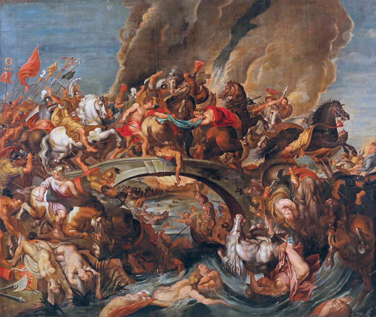 On a stone bridge crowded with rearing horses and clashing warriors, Greeks and Amazons fight while smoke billows; bodies tumble into a turbulent river below, where pale figures struggle amid foaming water.