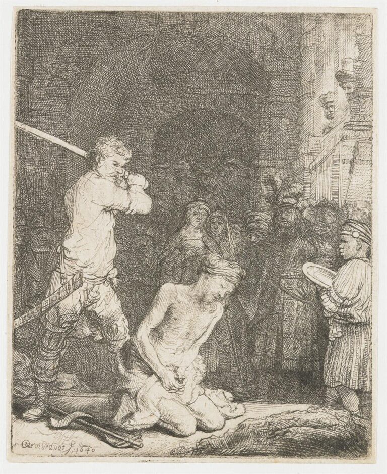 Etching by Rembrandt showing John the Baptist kneeling center as a young executioner raises a sword to strike, a page at right holds a platter, and a dense crowd stands under a massive arch; strong cross-hatching creates deep shadow while light falls on the saint’s bare body.