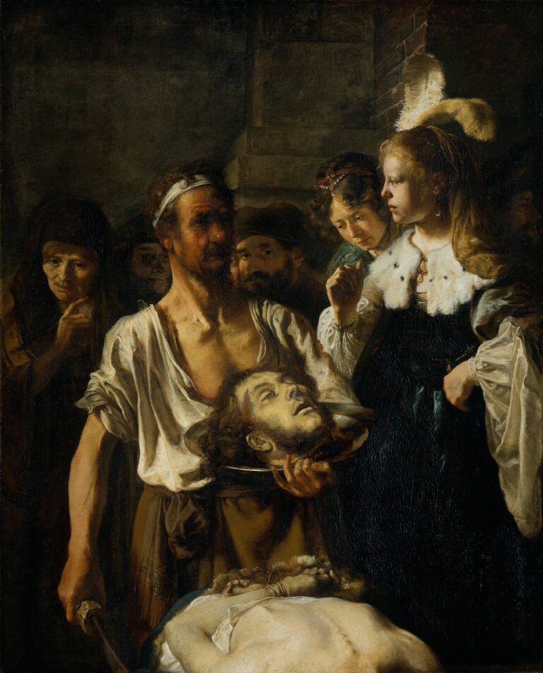 Dramatic interior where an executioner presents the severed head of John the Baptist on a platter to a richly dressed young woman, with onlookers in shadow and the saint’s foreshortened body at the foreground; warm light cuts through deep darkness.