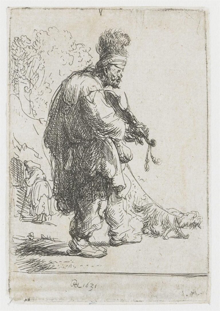 Etching of a blind street fiddler in bulky clothes playing his instrument while a long-haired dog stretches at his feet; light, lively lines describe feathered hat, coat, and curls against an open background with a small figure and trees to the left.