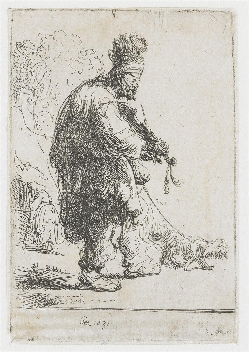Etching of a blind street fiddler in bulky clothes playing his instrument while a long-haired dog stretches at his feet; light, lively lines describe feathered hat, coat, and curls against an open background with a small figure and trees to the left.