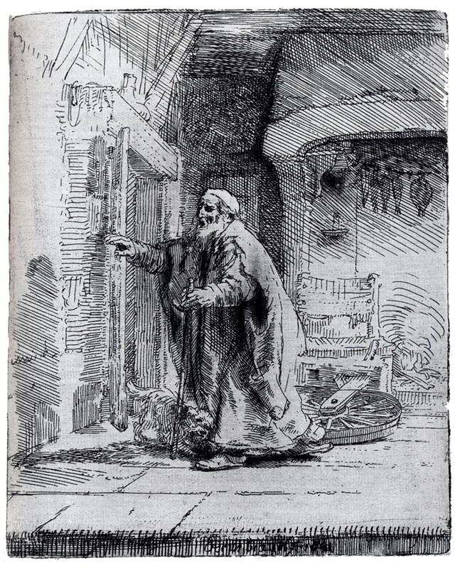 Rembrandt etching of an elderly blind man in a robe reaching toward a lit doorway, cane in hand, with a small dog at his feet and a chair and spinning wheel in a shadowed interior, rendered in expressive lines and soft chiaroscuro.