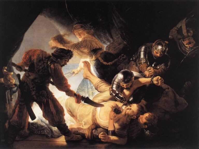 Rembrandt’s dramatic painting of Samson’s capture shows the hero pinned on the ground by armored Philistines as one soldier forces his head back and another drives a dagger toward his eye; Delilah, holding the shears and Samson’s cut hair, twists away under brilliant light while dark curtains and gleaming weapons frame the violent scene.