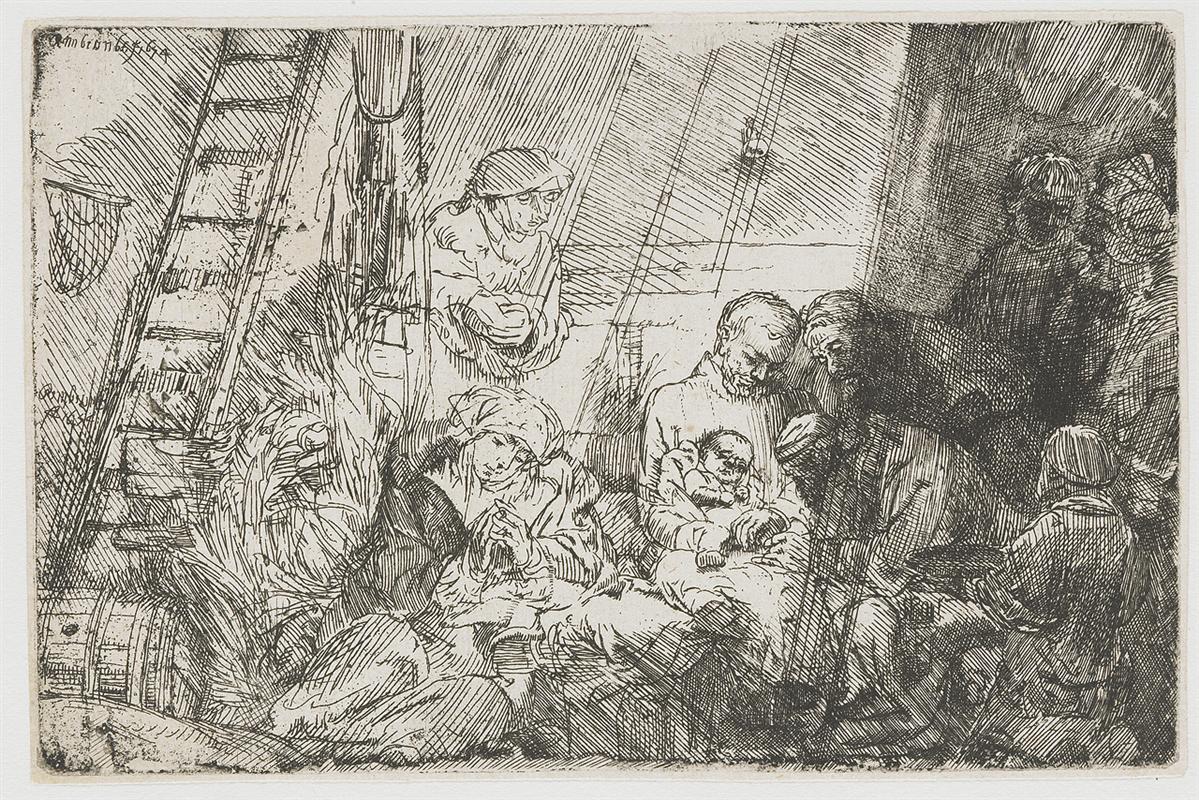 Etching of a rustic interior where Mary, Joseph, and neighbors gather around the swaddled infant as an elder performs the circumcision; a ladder, barrel, and pulley frame the group while a wedge of light falls across the bed.