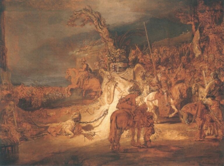 Rembrandt’s warm-toned scene of a vast muster in the countryside: a chained lion rests in the foreground, a bright ramp and twisted tree rise at center, and riders with banners and pikes form a sweeping semicircle as light pours across the gathering like a golden spotlight.