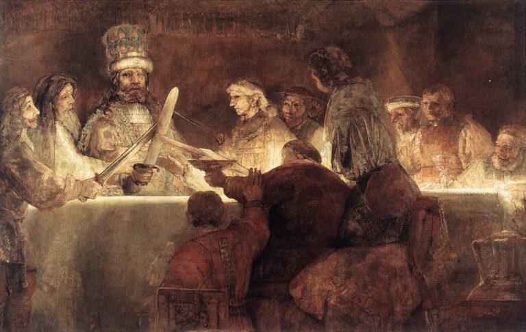 Large Rembrandt scene showing Claudius Civilis and companions gathered around a glowing banquet table, swords crossed above a ritual cup as figures lean in to swear an oath; faces and hands lit against a warm, shadowed interior.