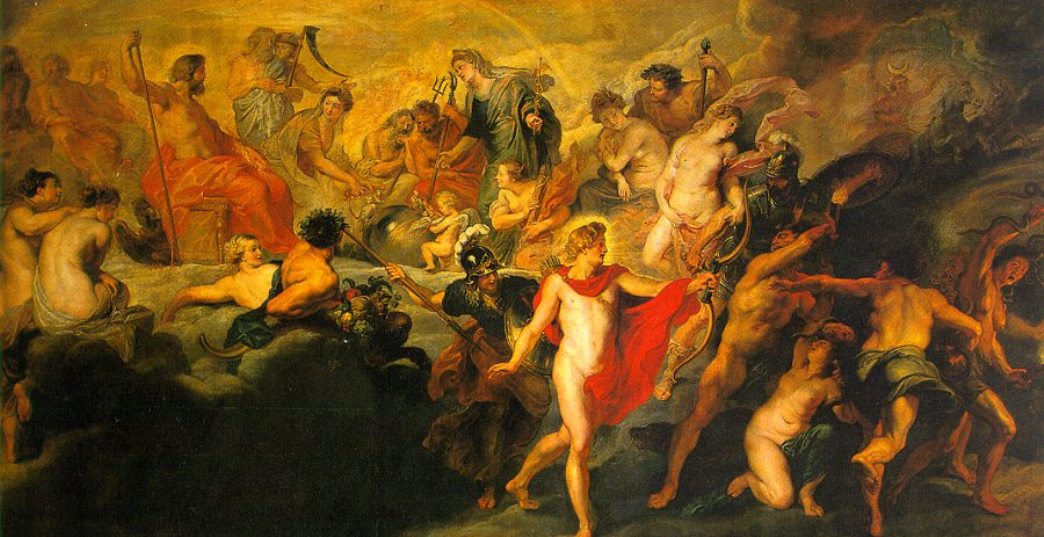 Vast Baroque scene by Peter Paul Rubens showing Jupiter and the Olympian gods convened on glowing clouds; Venus, Mars, Minerva, Neptune, Apollo, Bacchus, and others debate as a red-cloaked herald strides below, with golden light unifying the animated assembly.