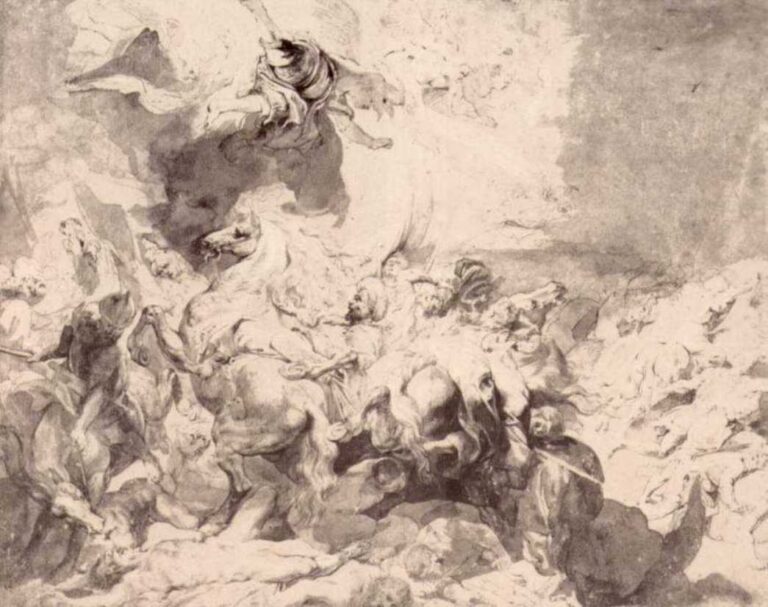 Baroque scene by Peter Paul Rubens showing an angel descending amid swirling clouds as Assyrian horsemen and soldiers panic and fall, with rearing horses and dramatic light cutting through stormy darkness.