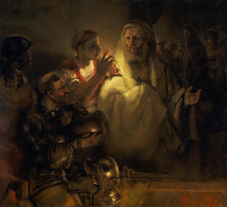 Candlelit Rembrandt scene of Peter confronted by a maidservant beside armed soldiers; the woman points as Peter deflects, armor and helmet gleam, and Christ is led away in the background, all modeled in warm golds and deep browns.