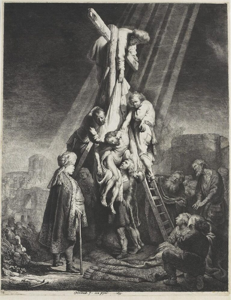 Etching of Christ’s body being lowered from a tilted cross at night: helpers on a ladder and below manage a bright shroud, with rays of light striking faces and hands as onlookers and mourners gather around.