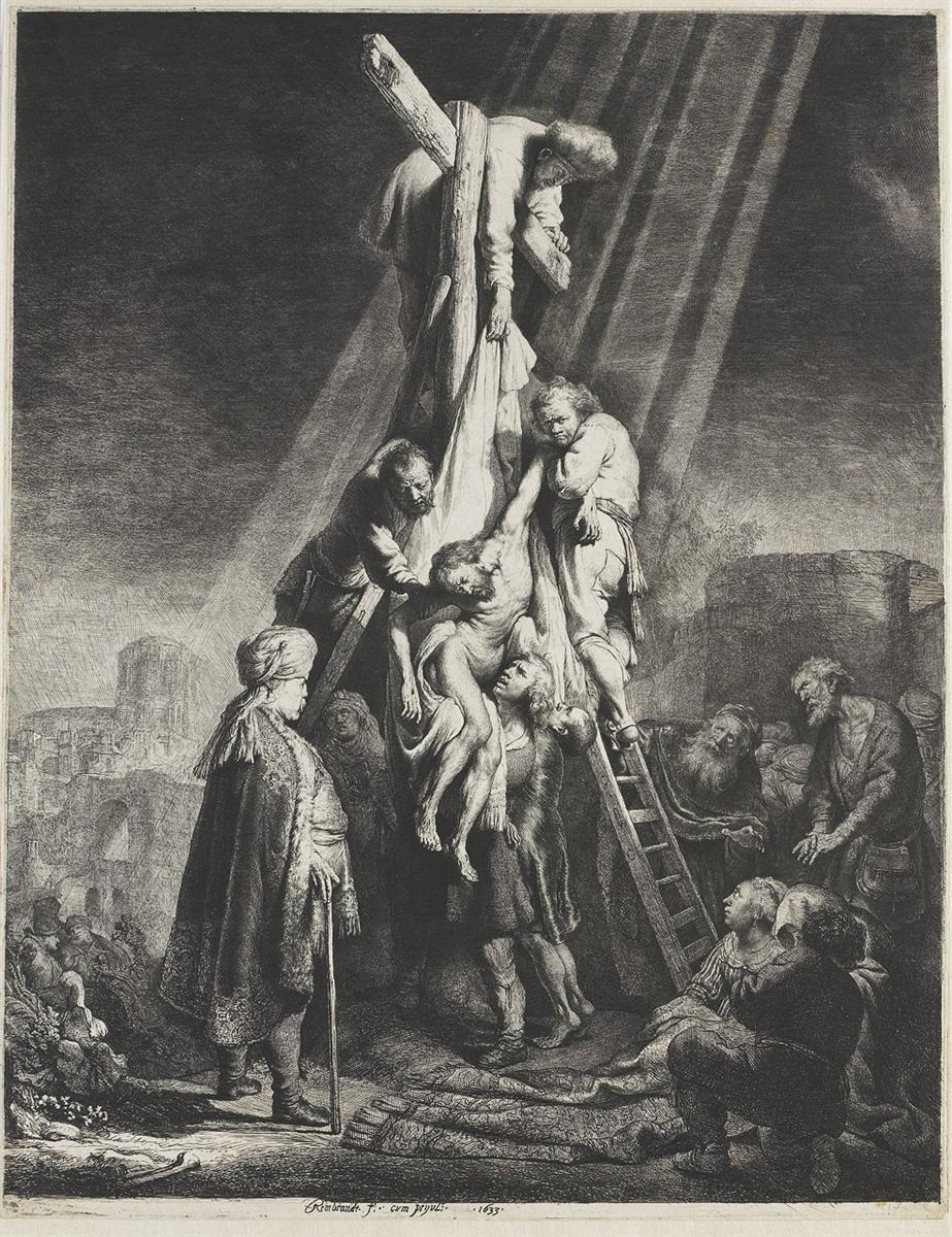 Etching of Christ’s body being lowered from a tilted cross at night: helpers on a ladder and below manage a bright shroud, with rays of light striking faces and hands as onlookers and mourners gather around.