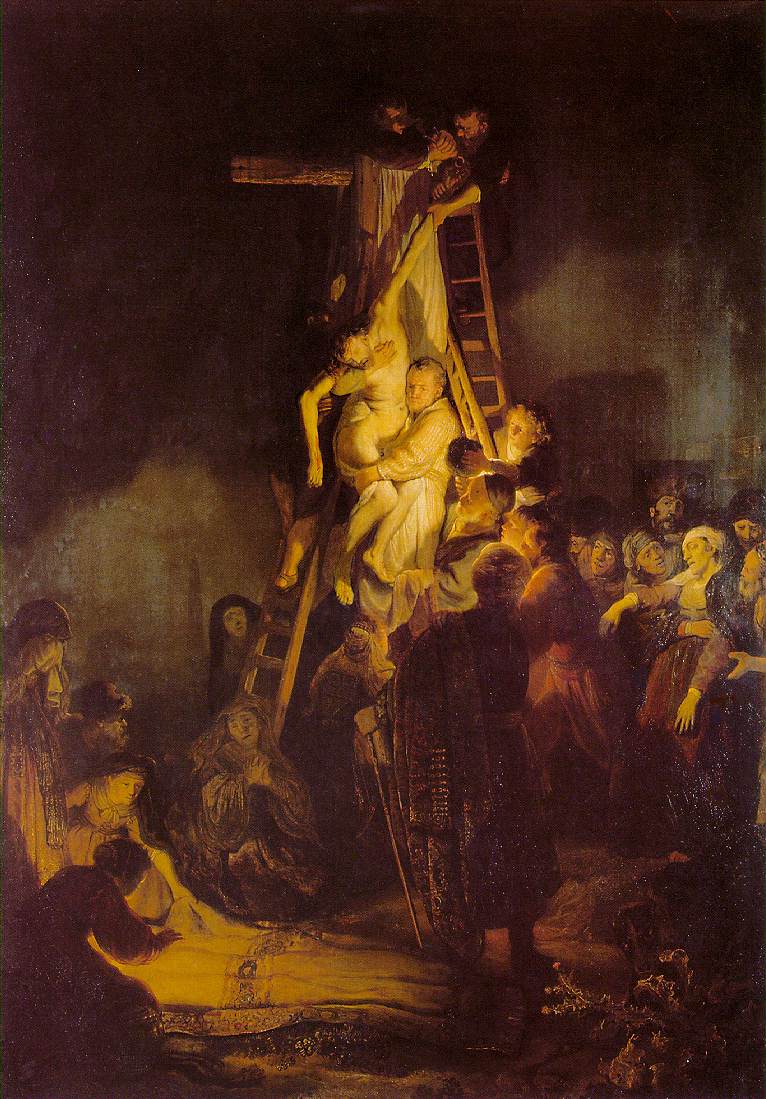 Large night scene by Rembrandt showing Christ’s body being lowered from the cross by men on ladders while a warm light bathes the shroud and a circle of mourners gathers below, preparing linen for the body.