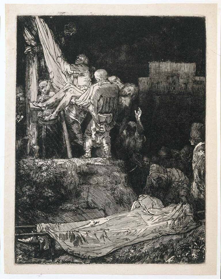 Etching of a nocturnal Descent from the Cross: men lower Christ with a sling and ladder under torchlight while mourners gather; a large illuminated shroud lies in the foreground ready to receive the body against a dark sky and distant city walls.