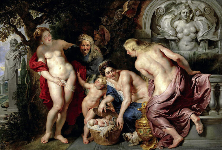 In a garden court before a fountain, three nude women, an old attendant, and a child crowd around a wicker basket revealing the infant Erichthonius; red and violet draperies, a golden ewer, and carved stone glow in warm light as figures lean in to look.