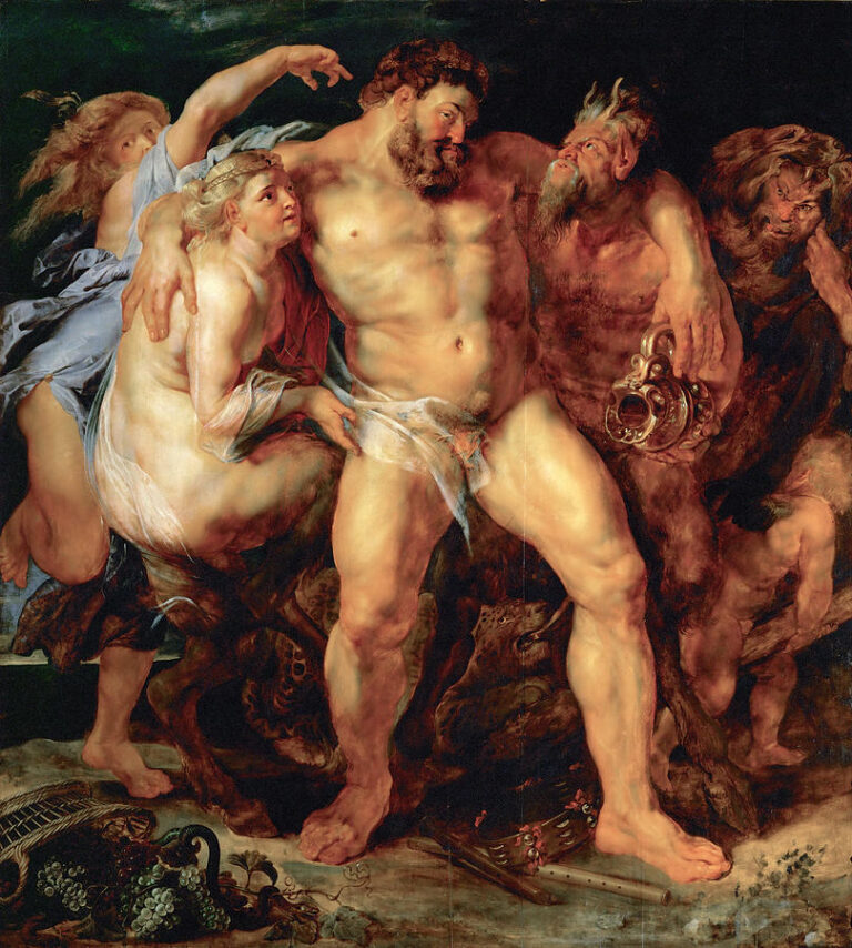 Massive nude Hercules leans drunkenly between a pale nymph and a horned satyr holding a wine jug, while another figure presses from behind; spilled grapes and baskets lie at their feet, and Rubens’s warm light models muscular flesh in a crowded Baroque composition.