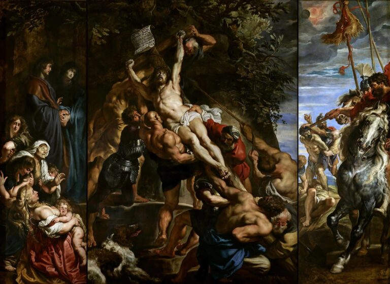 Three-panel altarpiece showing the Crucifixion in motion: center panel with executioners hoisting the cross bearing Christ, left panel with the Virgin, John, and women in grief, right panel with soldiers and a rearing horse driving the scene under a darkening sky.