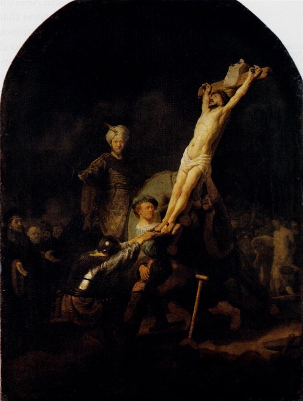 Arched painting of the crucifixion’s raising: Christ’s illuminated body on a cross being levered upright by soldiers in shadow, with tools, ropes, and onlookers surrounding the scene against a dark background.