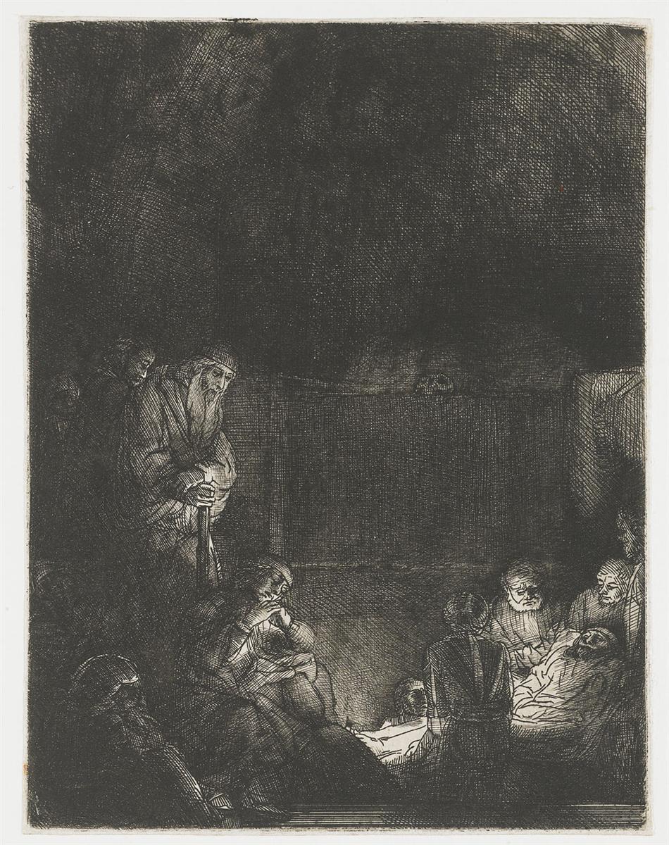 Night etching of Christ’s entombment by Rembrandt: within a dark tomb, a low lamp illuminates Mary and attendants as they place the body on a stone bed; an elder stands with a staff and the surrounding walls recede into deep shadow.