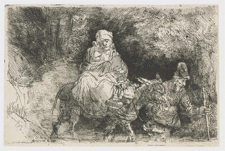 Etching of the Holy Family at night: Mary rides a donkey cradling the child while Joseph wades ahead with a staff as they cross a shallow brook; foliage closes in above and the figures move carefully through a narrow path rendered in rich hatchings.