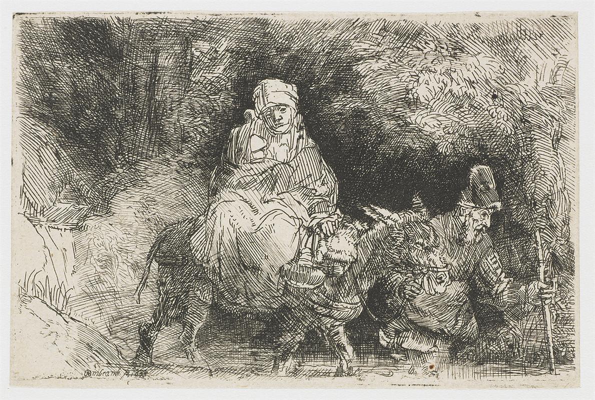 Etching of the Holy Family at night: Mary rides a donkey cradling the child while Joseph wades ahead with a staff as they cross a shallow brook; foliage closes in above and the figures move carefully through a narrow path rendered in rich hatchings.