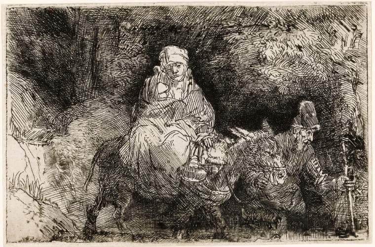 Etching of the Holy Family traveling at night: Mary with the infant on a donkey, Joseph bent forward with a staff, dense foliage cross-hatched around them, a small wedge of light opening across mother and beast in a dark forest.
