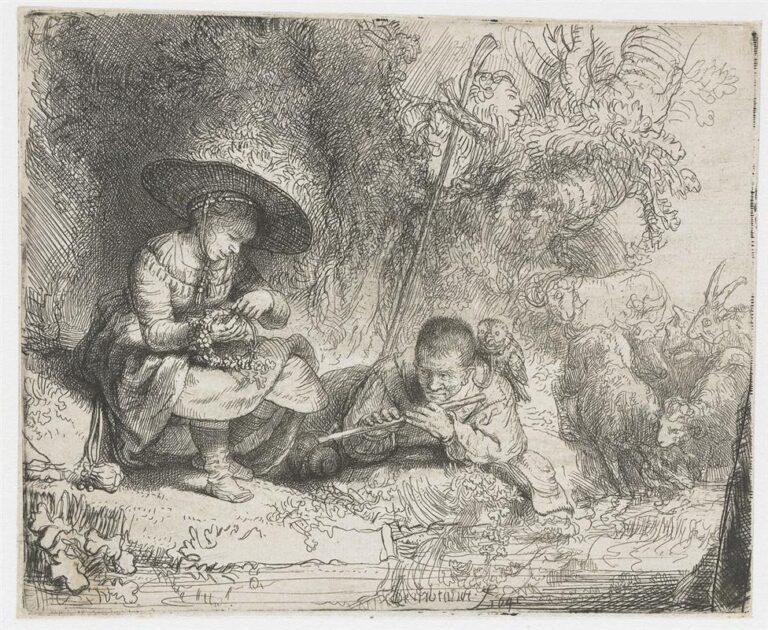 Rembrandt etching of a pastoral scene: a boy reclines and plays a flute while a girl in a wide hat weaves a garland; goats press in from the right beneath billowing foliage, all rendered in lively cross-hatched lines.