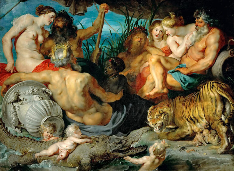 Allegorical gathering of river gods and nymphs representing the four continents, with putti playing on a crocodile, a crouching tiger at right, overturned urns spilling water, and bright draperies under a rocky canopy beside a reed-lined inlet.