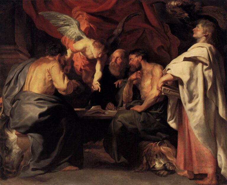 Four Gospel writers seated and standing around a low table as an angel guides Matthew’s hand; the lion, ox, and eagle appear near Mark, Luke, and John beneath a sweeping red drapery in a shadowed interior.