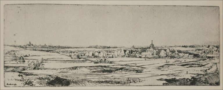 Wide panoramic etching of Dutch fields with textured foreground ridges, a middle belt of trees and roofs, and a distant skyline with small towers and mills beneath a large pale sky.