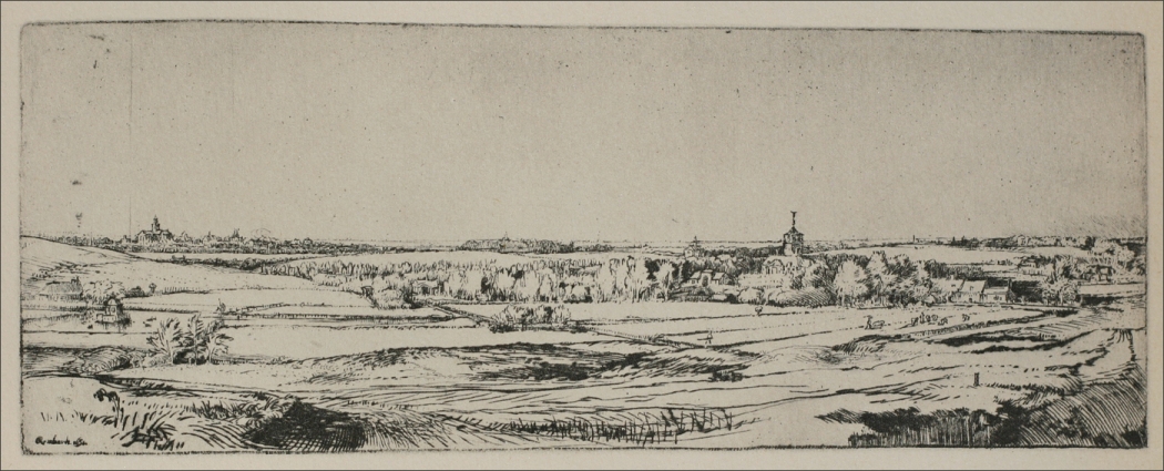 Wide panoramic etching of Dutch fields with textured foreground ridges, a middle belt of trees and roofs, and a distant skyline with small towers and mills beneath a large pale sky.