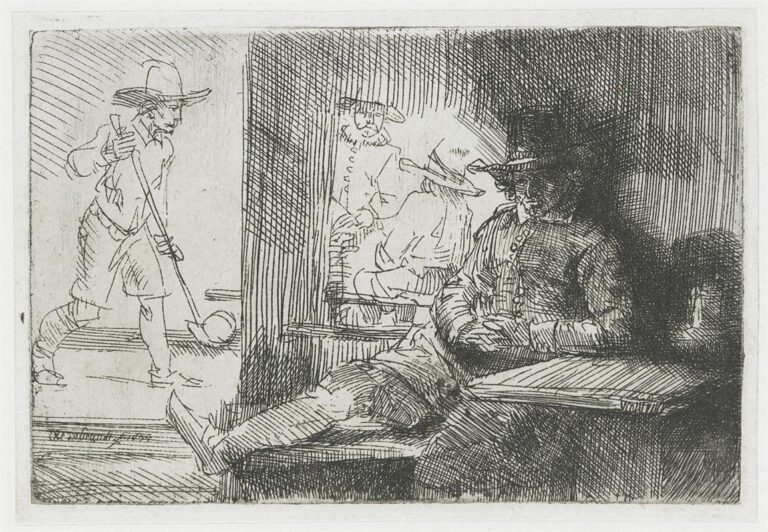 Small etching of a tavern kolf scene: at left a man in a wide-brim hat strides with a long club; through a doorway two figures talk; at right a seated man lounges at a table in deep shadow, his leg stretched toward the viewer.