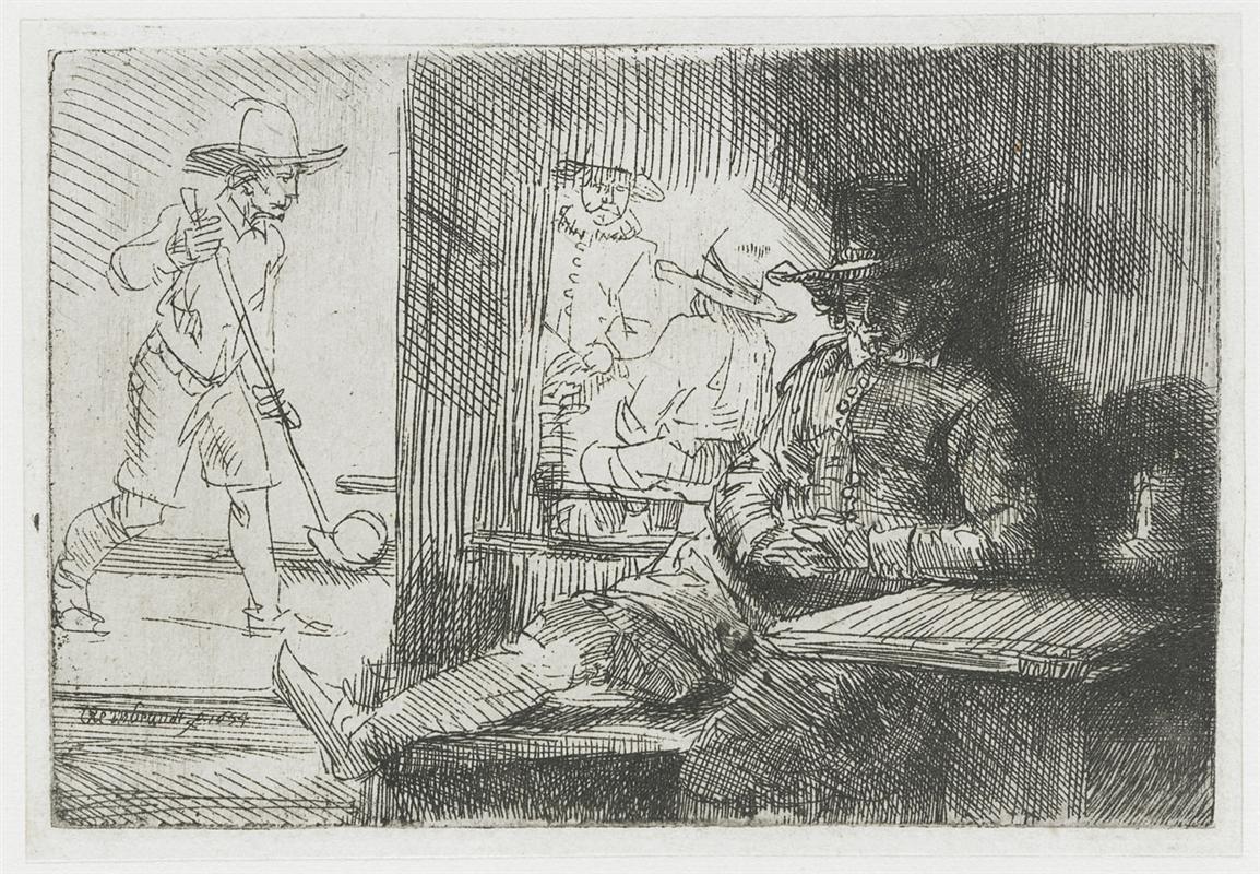 Small etching of a tavern kolf scene: at left a man in a wide-brim hat strides with a long club; through a doorway two figures talk; at right a seated man lounges at a table in deep shadow, his leg stretched toward the viewer.