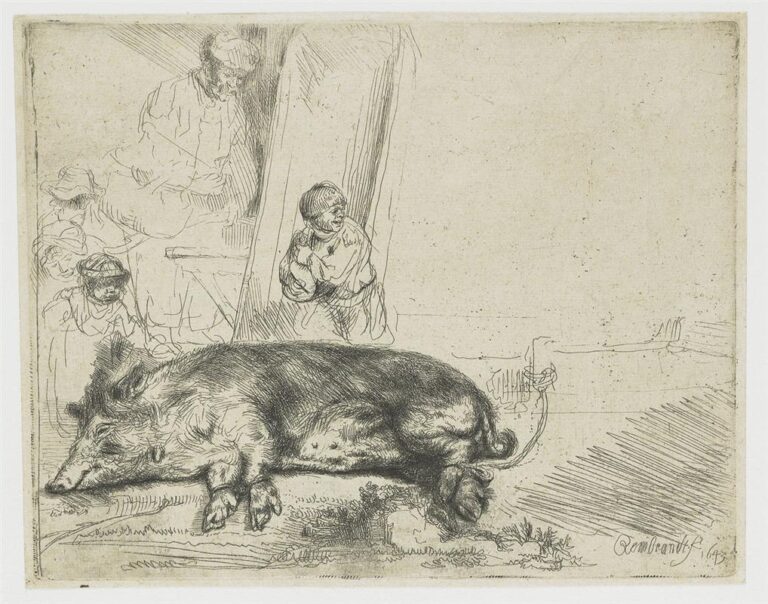 Rembrandt etching of a farmyard: a large pig lies sleeping across the foreground, tether trailing to a faint post at right; behind it, lightly sketched figures—children and an adult—peer from a doorway, with minimal background lines and open paper creating airy space.