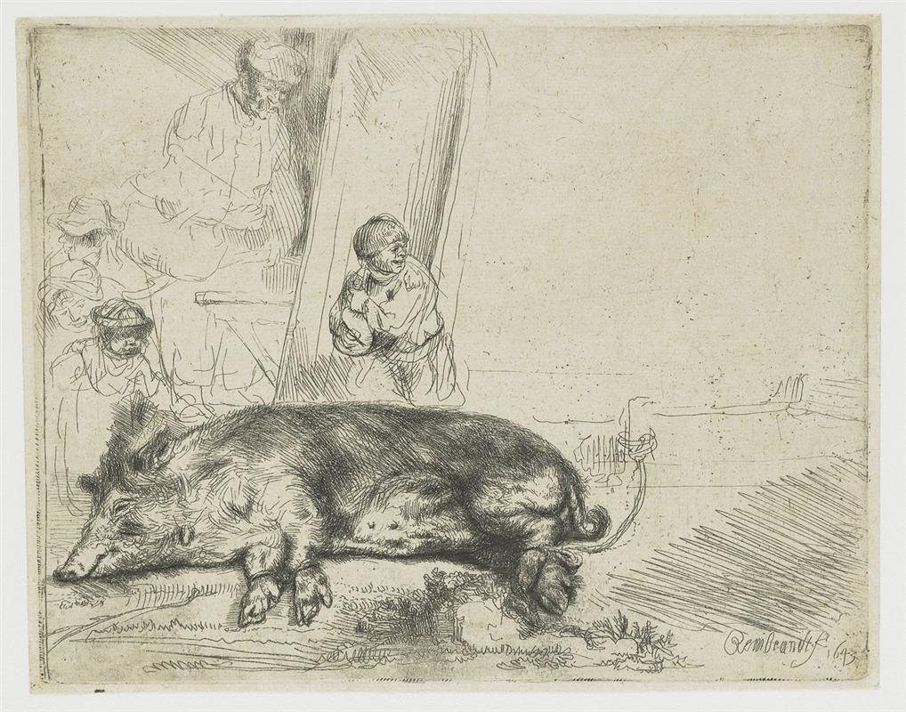 Rembrandt etching of a farmyard: a large pig lies sleeping across the foreground, tether trailing to a faint post at right; behind it, lightly sketched figures—children and an adult—peer from a doorway, with minimal background lines and open paper creating airy space.