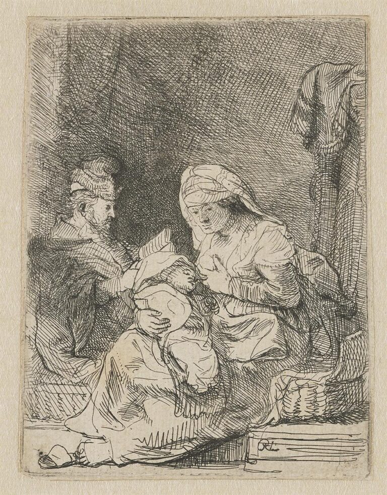 Mary cradles the Christ Child on her lap while Joseph leans in from the left; the three are tightly grouped in a shadowed interior, with a garment hanging on the wall and a block-like seat nearby, all drawn in delicate, cross-hatched etching lines.