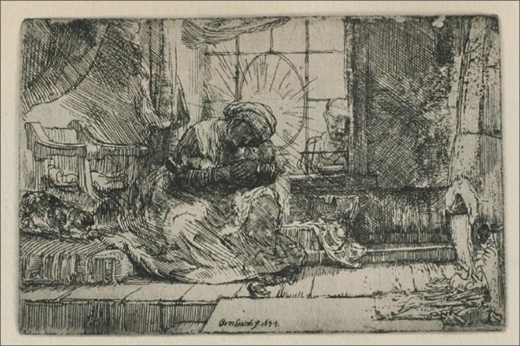Intimate etching of Mary cradling the infant Jesus beside a window; a simple halo glows behind the child, a cradle and blankets sit at left, a cat sleeps nearby, and household objects gather by the hearth in a softly shaded room.