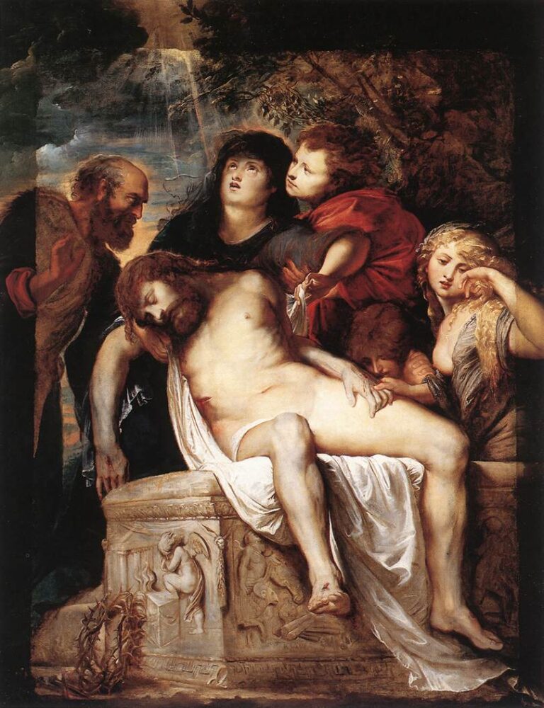 In a wooded grotto, the dead Christ lies across a carved sarcophagus draped with white linen as an elder, a black-clad woman, a red-cloaked youth, and a blond mourner lean close; a narrow break in the clouds sends soft rays onto the group.