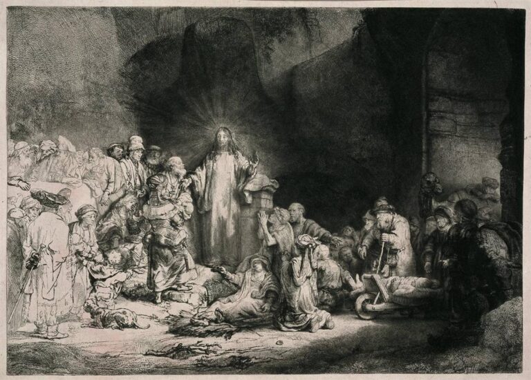 Large Rembrandt etching of Christ teaching and healing amid a crowd, with radiant light around him, disputing figures at left, the sick and poor at right, and a camel under a dark arch, rendered in rich chiaroscuro.