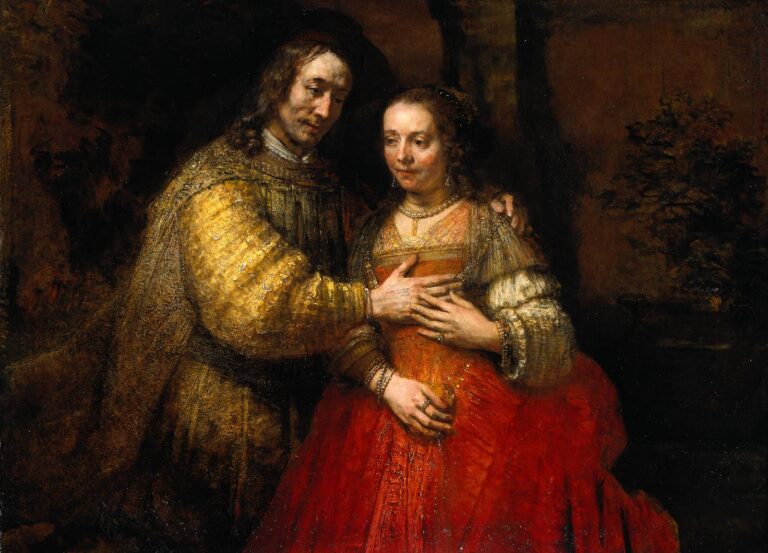 Rembrandt’s “The Jewish Bride,” showing a man in a gold sleeve placing his hand gently on a woman’s chest as he holds her hand at the waist; the woman wears a radiant red dress, both figures softly lit against a dark, indistinct background.
