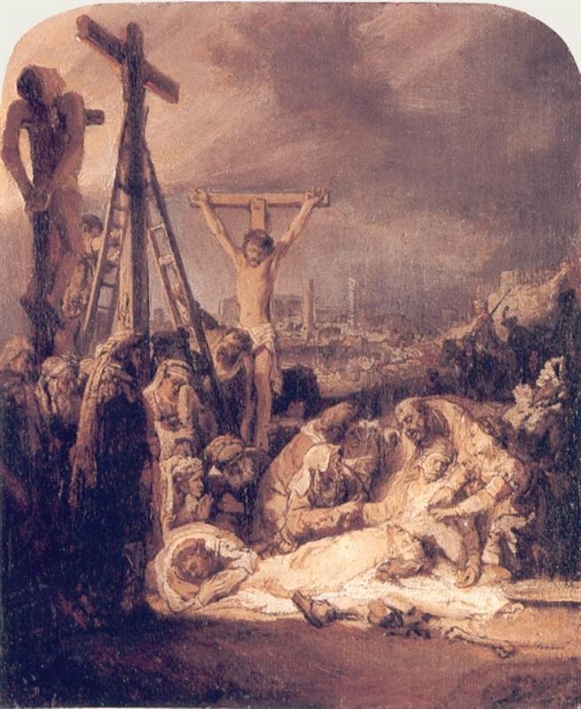 Rembrandt painting of the Lamentation: under a dark sky with ladders leaning against crosses, mourners cluster around Christ’s pale body in a white shroud; one thief still hangs, another cross rises, and a distant city lies on the horizon as figures cradle, wrap, and weep in warm brown light.