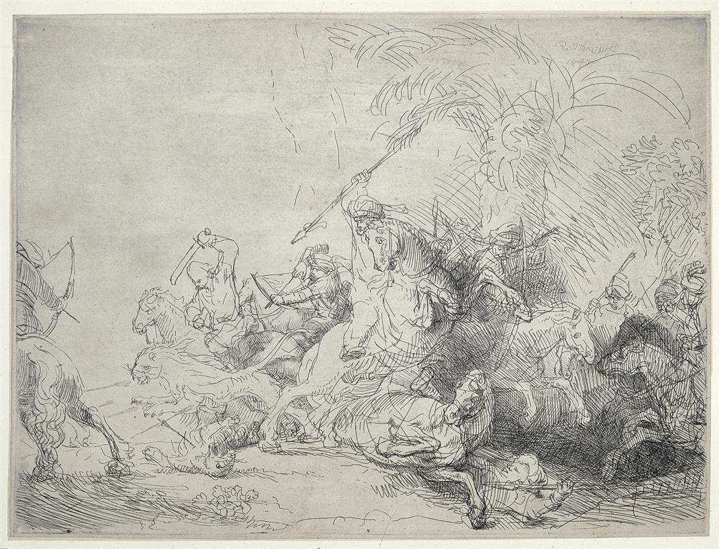 Etching by Rembrandt showing a sweeping melee of mounted hunters attacking lions; rearing horses, curved sabers, and leaping cats surge from a dark mass at right across the page, with spare landscape and palm fronds behind, all rendered in energetic crosshatched lines.