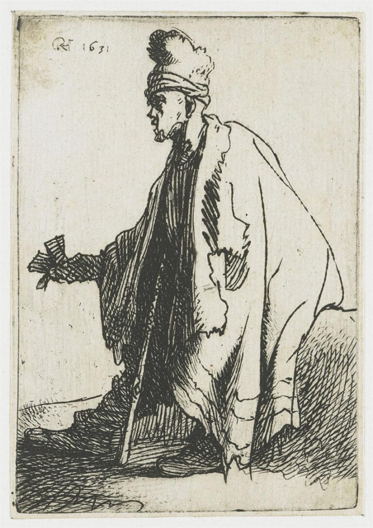 Etching of a cloaked man in profile walking with a staff while holding a small clapper in his outstretched hand; a tall, tufted hat and torn mantle frame the figure, who moves across a largely blank background that emphasizes his solitary, deliberate stride.