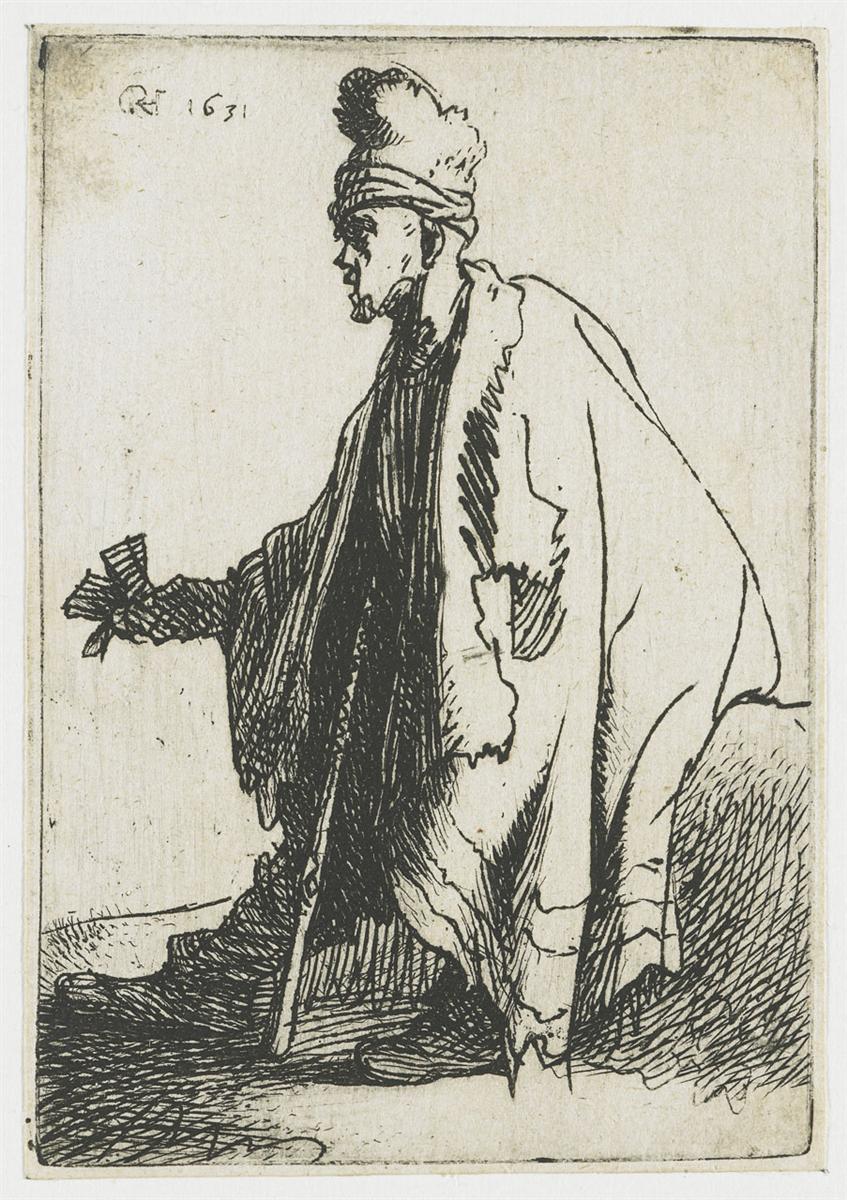 Etching of a cloaked man in profile walking with a staff while holding a small clapper in his outstretched hand; a tall, tufted hat and torn mantle frame the figure, who moves across a largely blank background that emphasizes his solitary, deliberate stride.