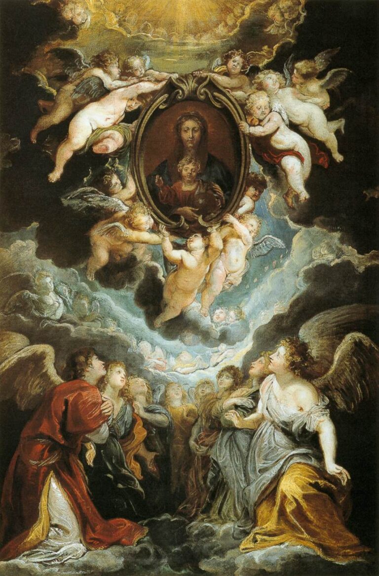 Baroque altarpiece by Rubens showing an oval icon of the Madonna and Child lifted by putti amid luminous clouds, with kneeling angels in rich red and blue garments looking upward as golden light pours from above.