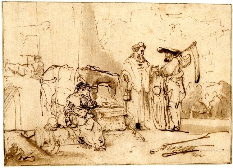 Pen-and-wash drawing of a weary woman seated beside a travel chest and donkey while, to the right, an elderly host in robes negotiates lodging with a wide-hatted traveler; sparse architecture and soft wash suggest a town square at dusk.