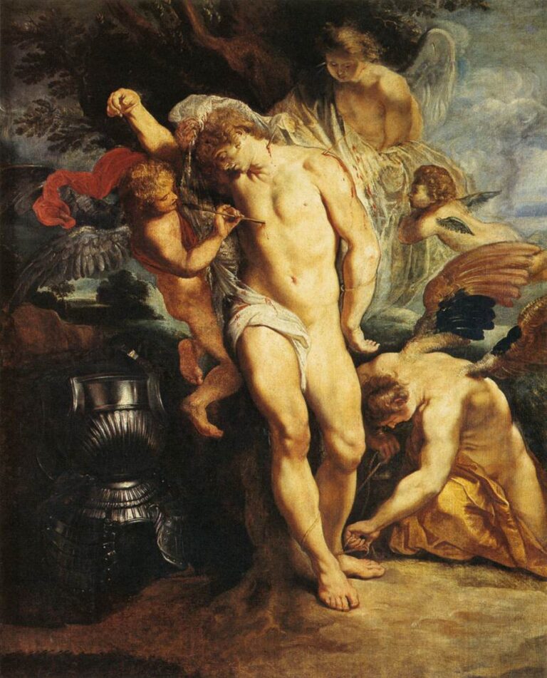 Rubens painting of St. Sebastian bound to a tree, pale body pierced by arrows as angels and winged children tenderly remove the shafts and loosen his bonds, with discarded black armor at left and warm light bathing figures against a soft landscape.