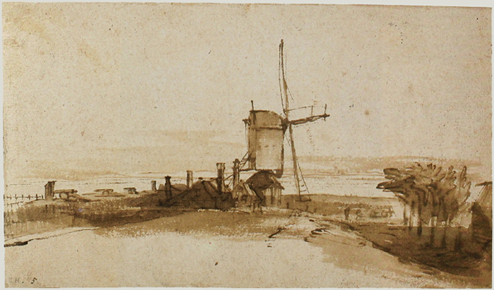 Rembrandt ink-and-wash view of a windmill at the water’s edge with small buildings, fences, and a broad embankment under a pale sky, composed with sparse lines and soft tonal washes.