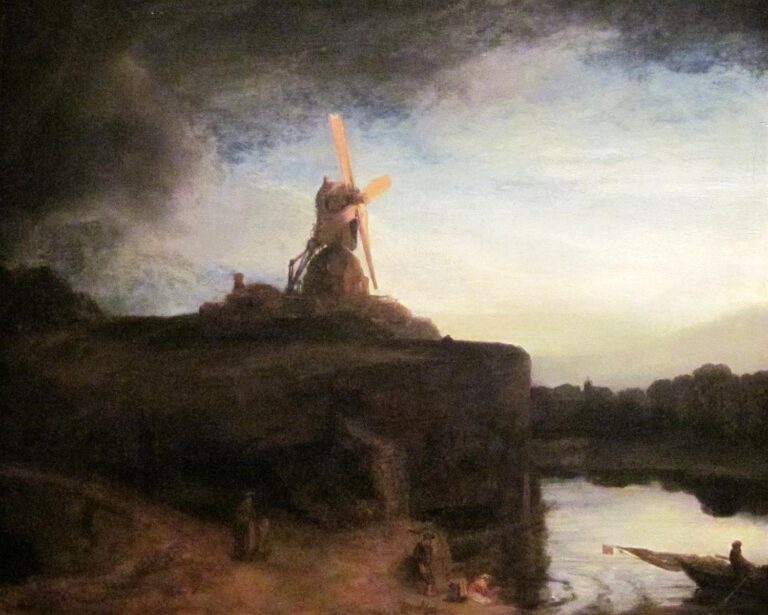 A windmill crowns a dark headland beneath a vast sky that clears from stormy clouds into pale evening light; small figures work at a riverbank and a boat approaches the shore, while reflections ripple across the water.